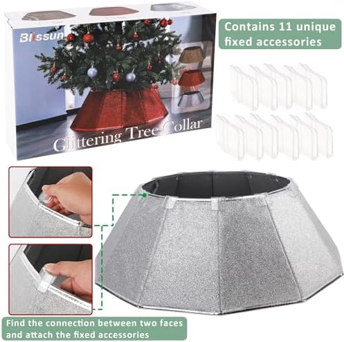 Blissun Fabric Christmas Tree Collar - Glittering Ring and Willow Skirt for Tree Decorations (Glitter Silver)