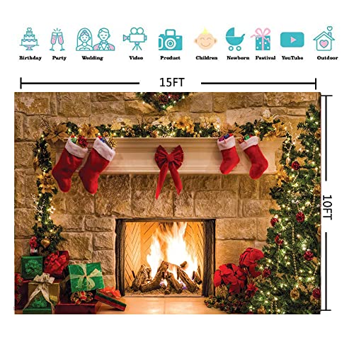 15x10ft Christmas Fireplace Theme Backdrop Christmas Backdrops for Photography Tree Sock Decorations for Xmas Party Supplies Photo Background