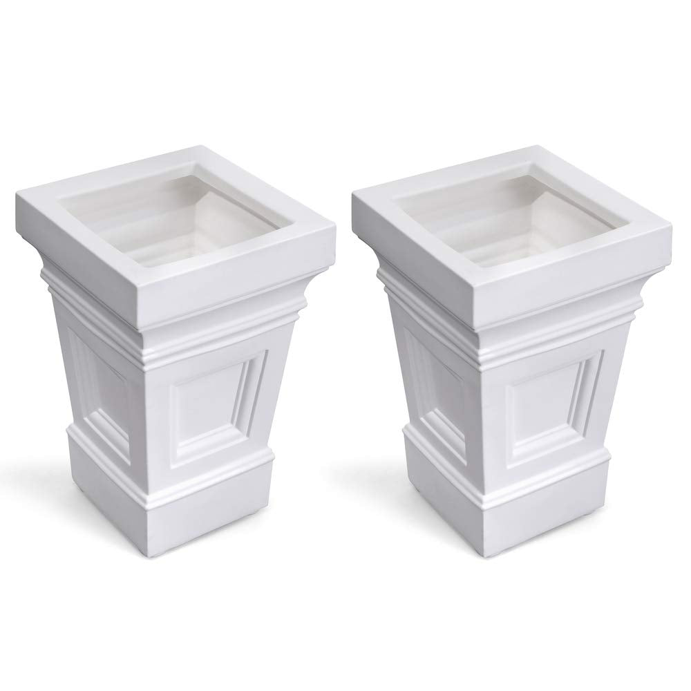 Step2 Atherton Square Planter, Large Planters for Outdoor Plants, Gardening and Flower Pot for Patio or Porch, Efficient Drainage, Durable Plastic, White, 2-Pack