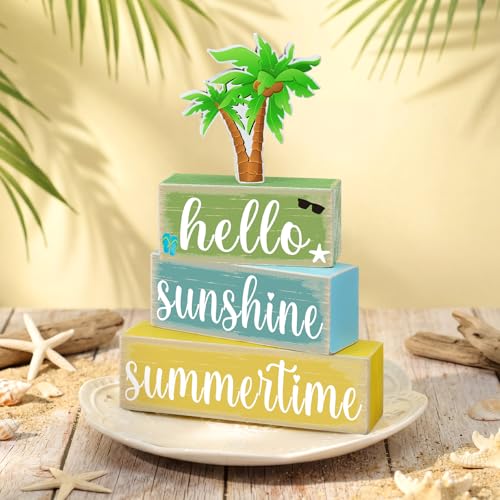 GlikCeil 4 Pcs Summer Wooden Tabletop Decor Hello Summer Tiered Tray Decor Sunshine Centerpiece Rustic Summertime Decorative Block Sign Gift Farmhouse Rustic Table Decoration for Home Kitchen Decors - style: Coconut Tree