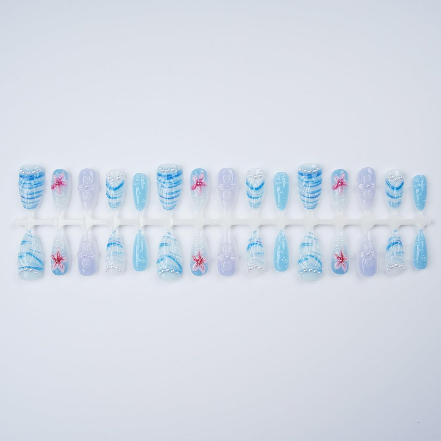 Blue Ocean Press on Nails, Medium Almond Handmade 3D Seashell Fake Nails with Pearl & Flower Designs, Reusable False Nails with Glue Tabs Stick on Nails for Summer Beach 30Pcs Nail Kit