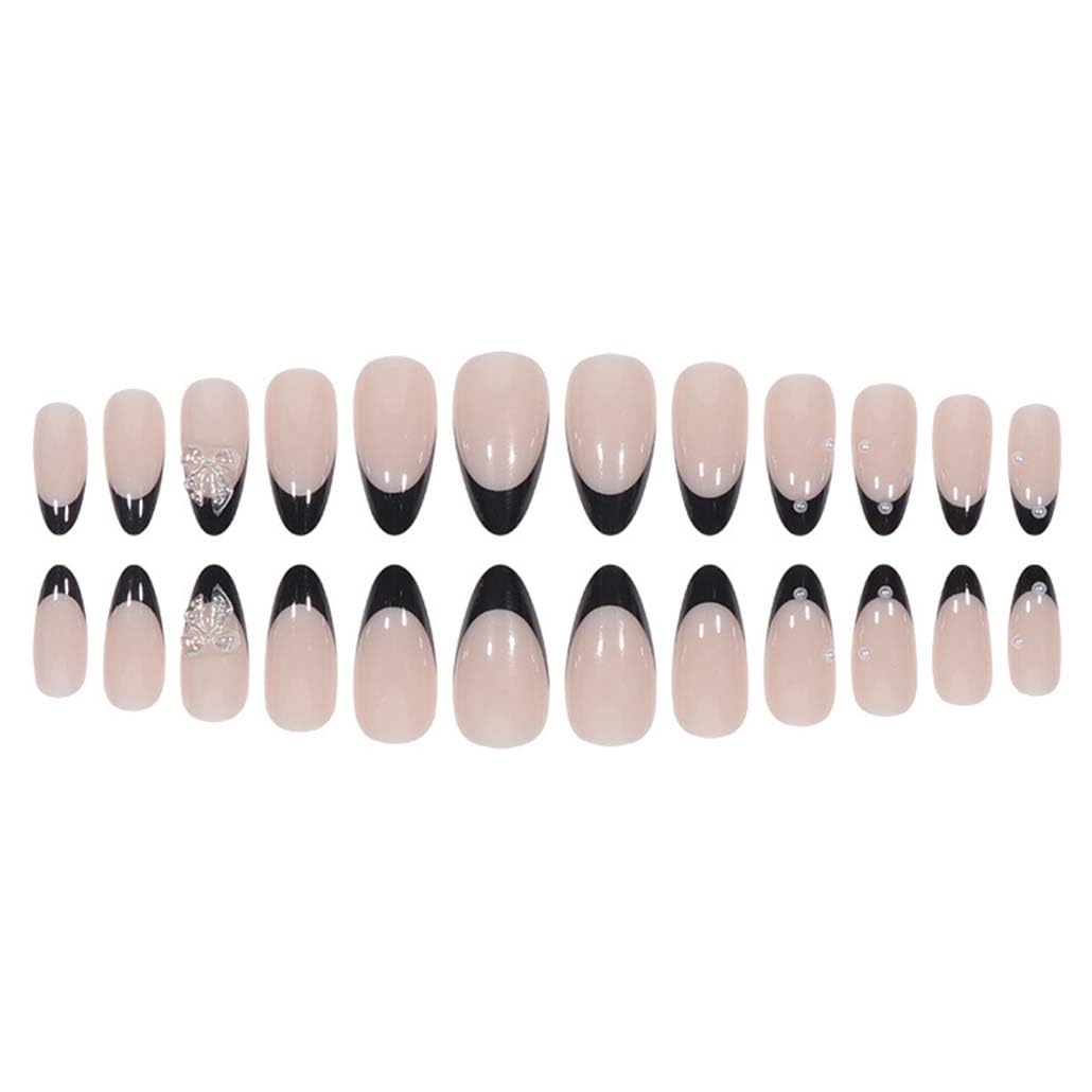 Foccna Press on Nails Medium Pearl Black Fake Nails Almond Glossy 3D False Nail Tips French Artificial Nails Finger Manicure for Women and Girls,24pcs
