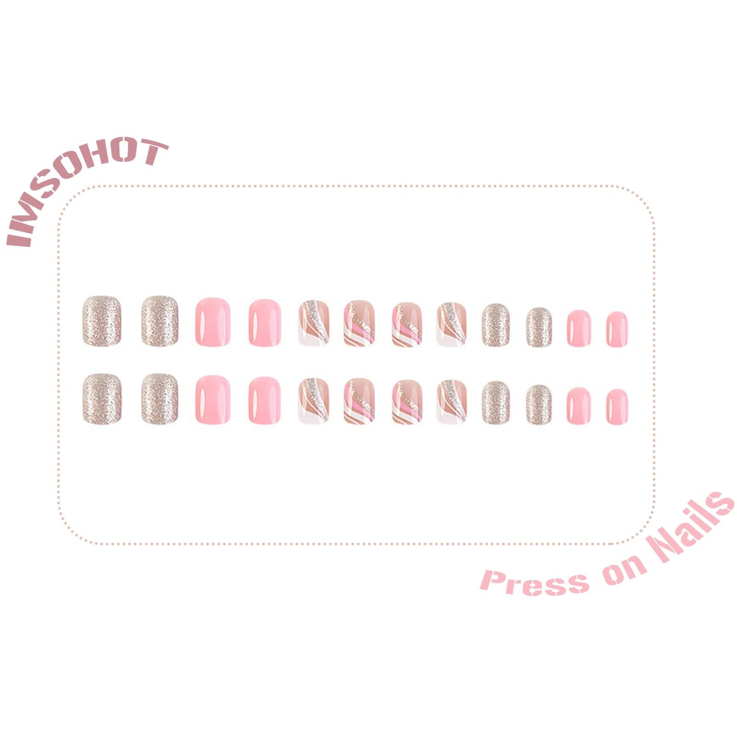 IMSOHOT Short Press on Nails Square French Tips Fake Nails Pink Silver Glitter Designs Full Cover Cute Acrylic Glossy Squoval Glue on False Nails for Women Girls 24Pcs