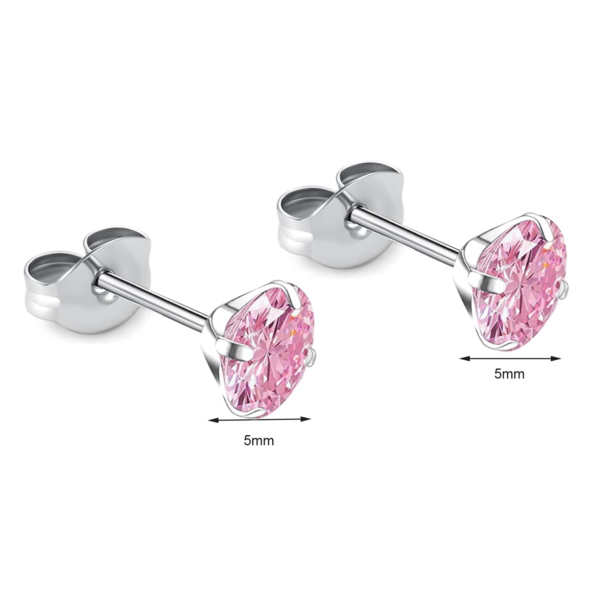 1 Pair Implant Grade Titanium Stud Earrings Set Hypoallergenic 3mm 4mm 5mm 6mm Cubic Zirconia G23 Titanium Earring Studs for Women Men for Sensitive Ear (5mm pink)