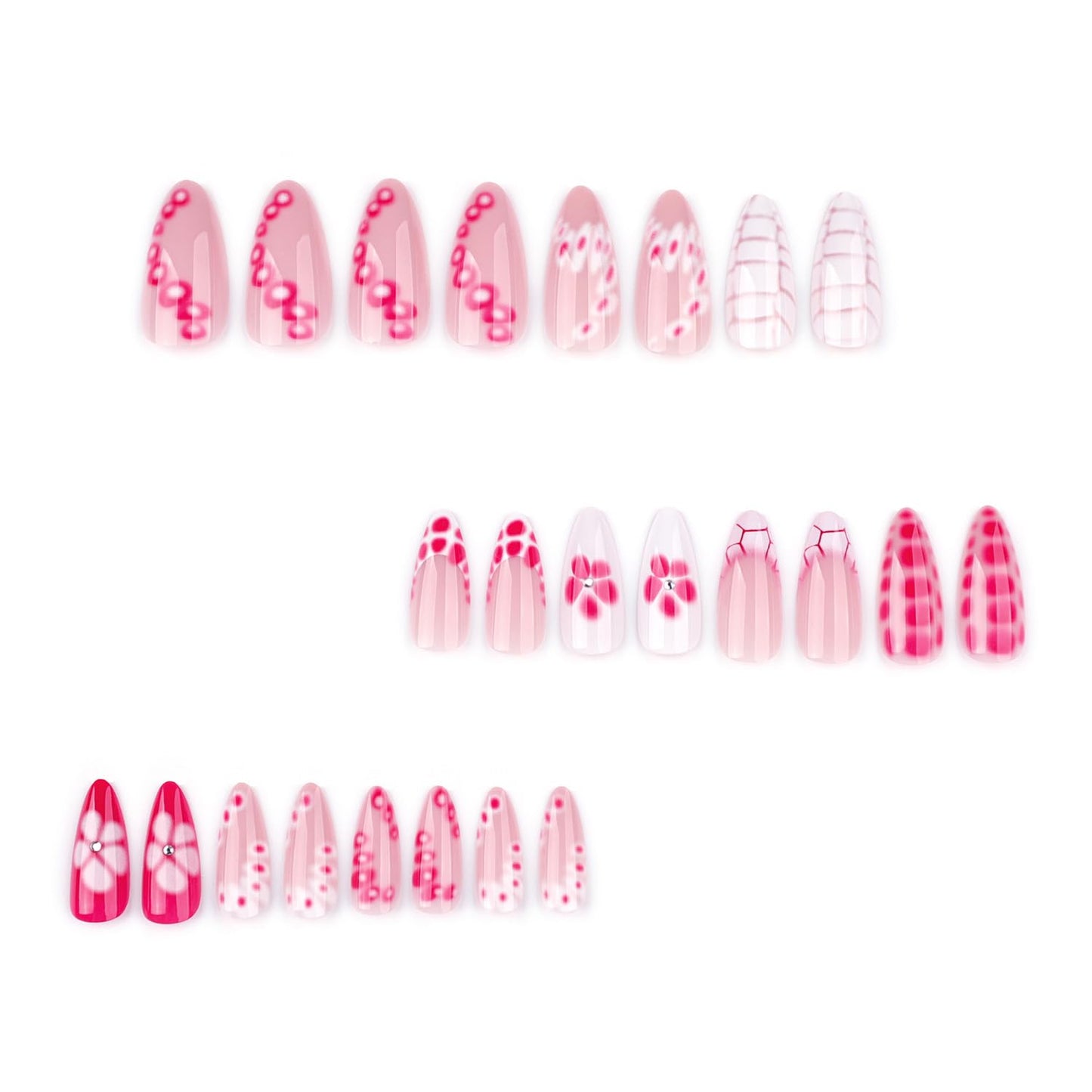 French Tip Press on Nails Short Almond Fake Nails Cute Flowers False Nails with Rhinestones Designs Artificial Nails Flower Petals Nails Tip Glue on Nails Nude Full Cover Nails for Women 24Pcs