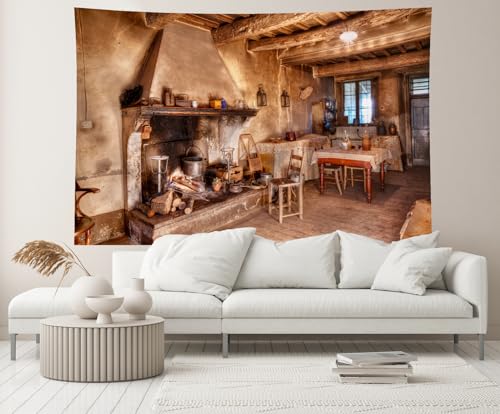 5x3ft Old Farmhouse Kitchen Backdrop Western Old Wooden House Kitchen Interior Rustic Background Rural Farmhouse Fireplace Cooking Background Farmers Cowboys Portrait Photo Props - size: 5x3ft