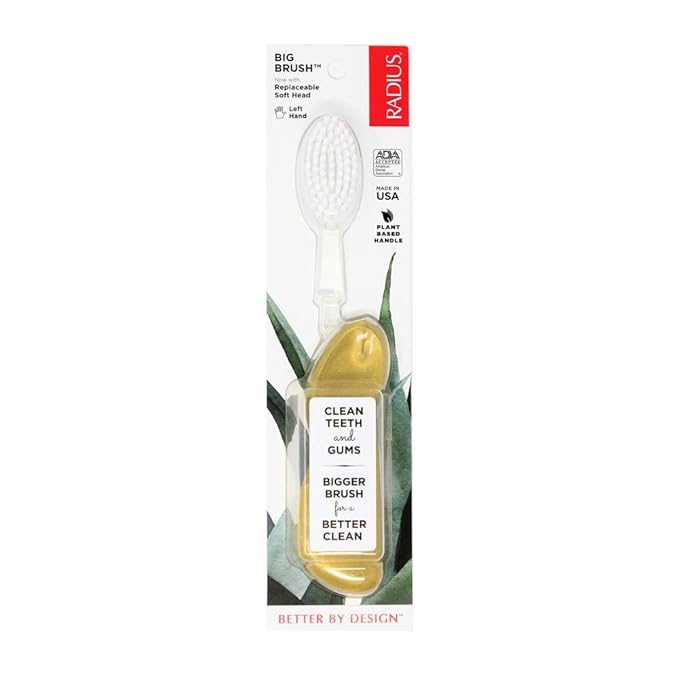 RADIUS Toothbrush Big Brush with Replaceable Head, Left Hand, Soft in Gold, BPA Free and ADA Accepted, Designed to Improve Gum Health and Reduce The Risk of Gum Disease