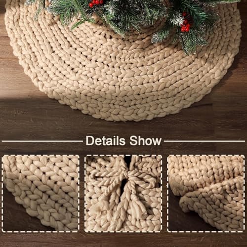 36 inch Christmas Tree Skirt: Chunky Knit Tree Skirt for 6ft Tree, Crochet Beige Small Tree Skirt, Vintage Tree Skirts, Rustic Farmhouse Christmas Decorations