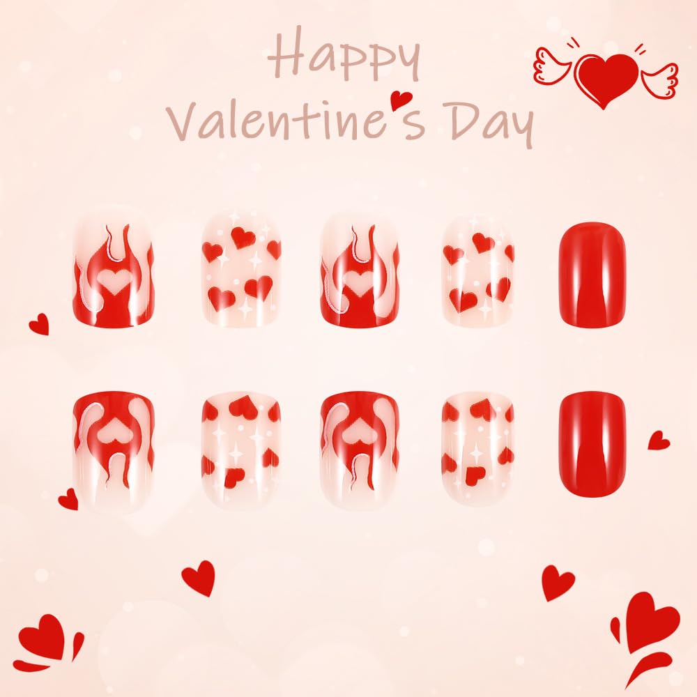 CEWEWP Valentine's Day Press on Nails Short Square False Nails with Red Hearts Flame Design Glossy Full Cover Red Glue on Nails Reusable Cute Holiday Nail Press on for Women Manicure 24Pcs