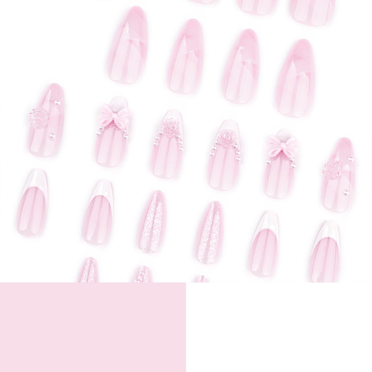 24 Pcs White French Tip Press on Nails Almond Medium Fake Nails with Glue Cute Pink False Nails with 3D Flower Bow Design Handmade Nails Glossy Holiday Glue on Nails Reusable Stick on Nails for Women