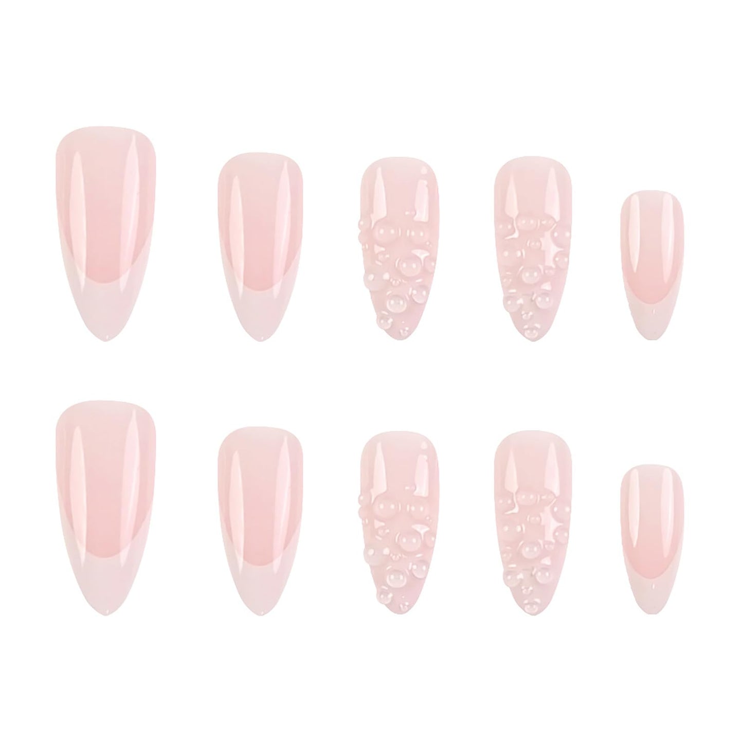 French Tip Press on Nails Medium Almond Acrylic False Nails nude Ombre White 3D Water Droplets Fake Nails Full Cover Stick on Nails for Women Manicure Decoration 24Pcs