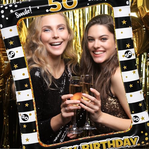 50th Birthday Photo Booth Props, Black Gold Inflatable Photo Booth Frame, 30PCS Photo Booth Props, for Party Selfie Party Decorations and Gifts - size: 50th Birthday Inflatable Frame