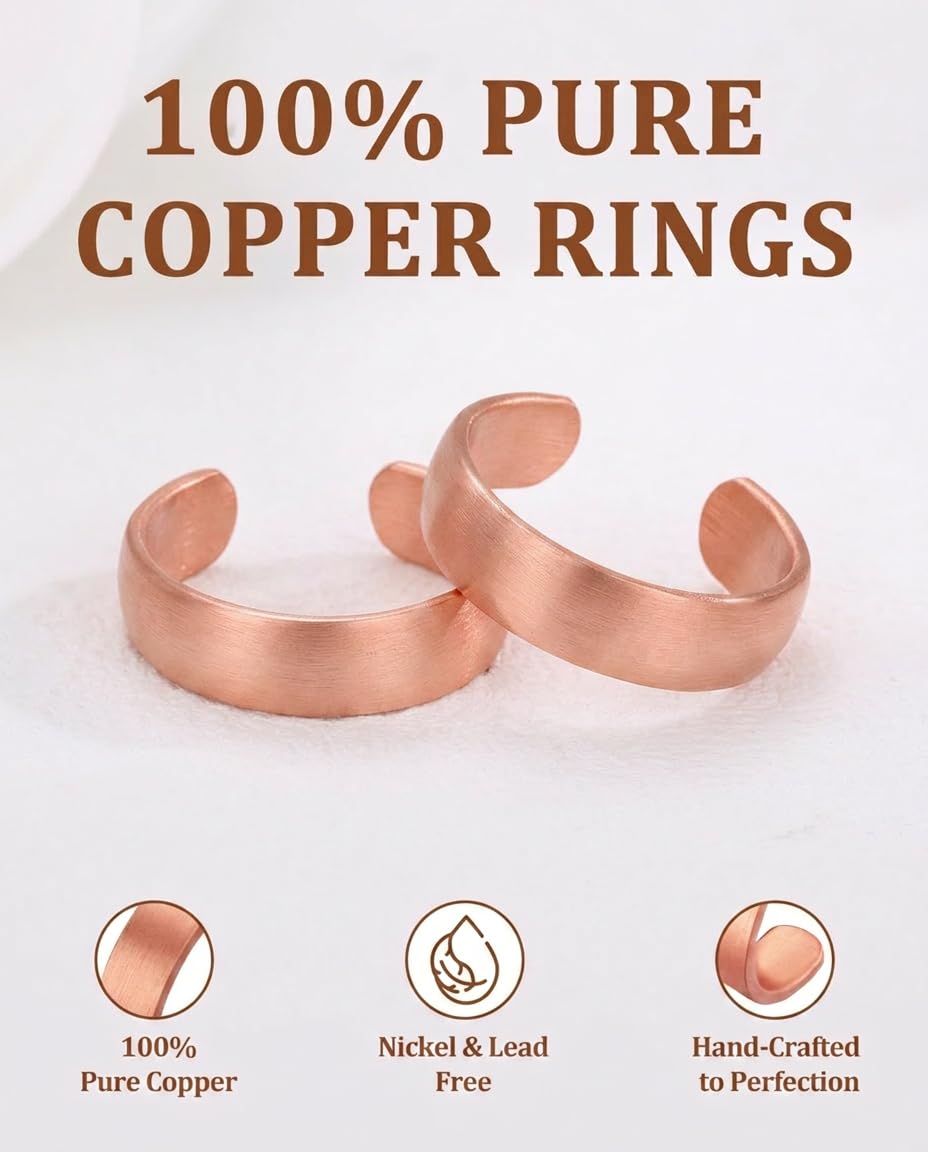 Fashtour 100% Pure Copper Rings for Women & Men (Two-Pack) — Solid Raw Copper — Uncoated Handmade Adjustable Open-End Tibetan Style Rings (Domed)