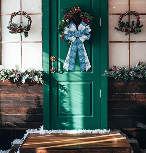 Hying Giant Christmas Bow for Wreath, Blue Snowflakes Wreath Bow Winter Holiday Bows for Christmas Tree Front Door Indoor Outdoor Wall Decoration Supplies Ornament