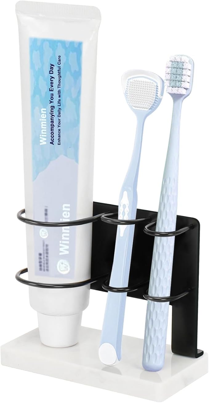 Toothbrush Holder for Bathroom Counter, Metal Toothbrush and Toothpaste Holder Stand with Marble Base for Bath Organizer Countertop, 3 Slots (Matte Black)