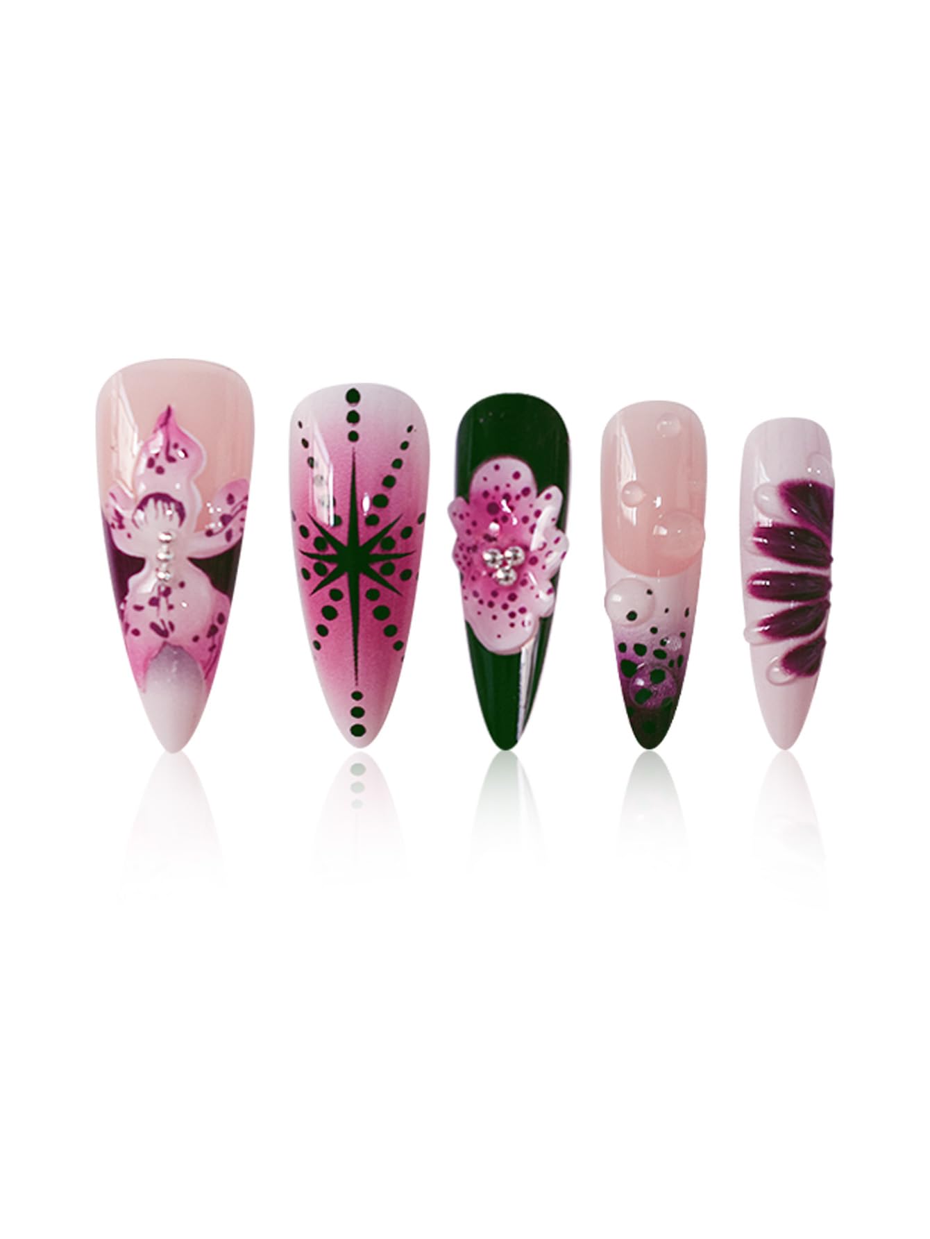 Long Press on Nails Almond Fake Nails Purple French Artificial Nail with 3D Flowers Designs Glitter Summer and Fall Cute Stick on Nail for Women 24pcs
