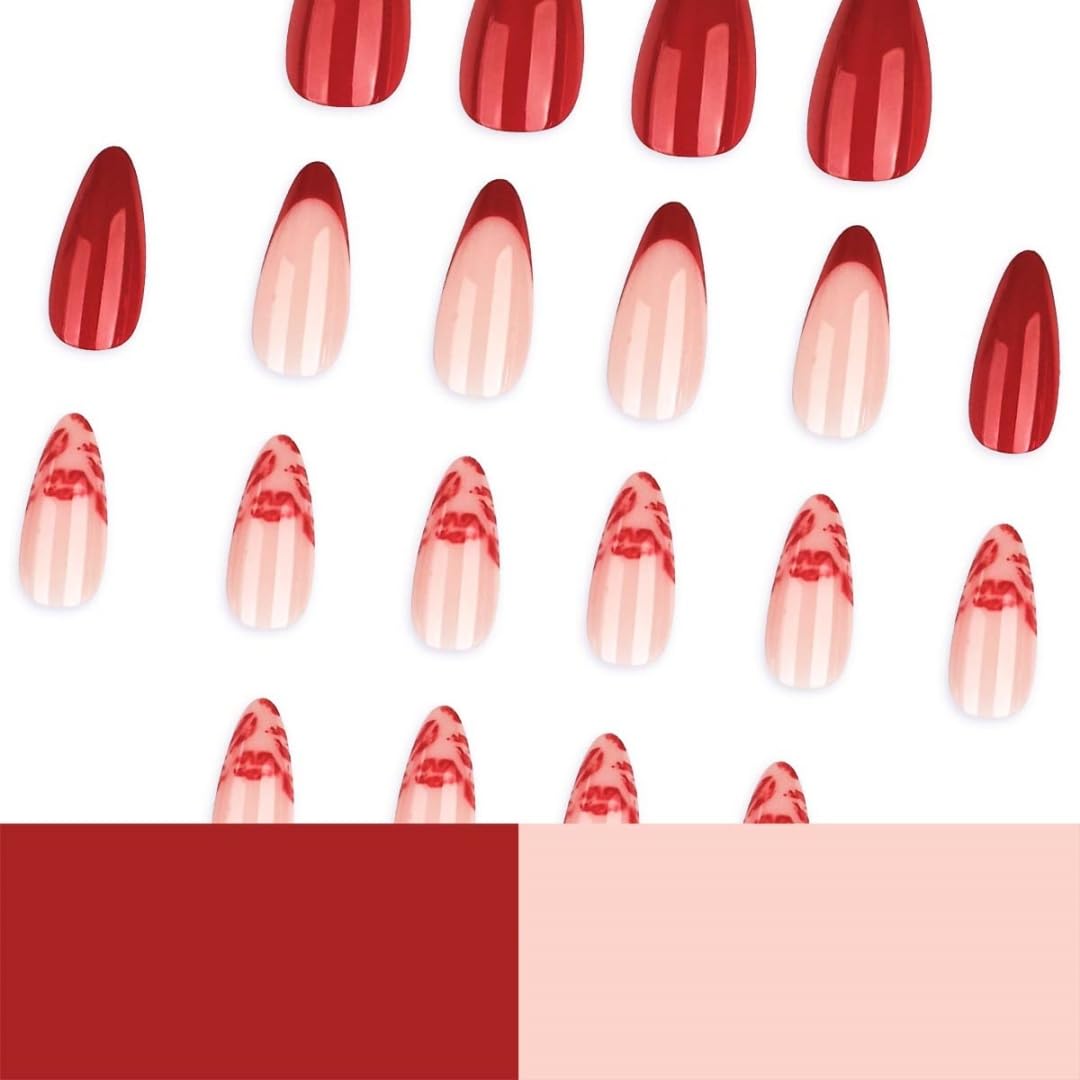 Valentine's Day Press on Nails Medium Almond Fake Nails Red French Tip False Nails with Lips Design Glue on Nail Full Cover Artificial Acrylic Stick on Nail for Women Manicure 24Pcs