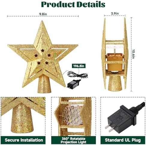 Christmas Tree Topper Star, 360?? Rotating LED Projector Light with 2 Patterns, Plug in Tree Topper for Christmas Decorations, Sparkling Glitter Iron Star for Xmas Holiday Home Party (Gold)