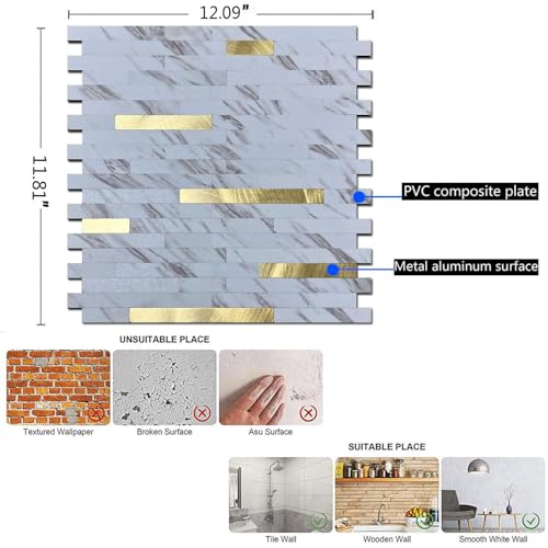 10-Sheet Peel and Stick Backsplash Tile, PVC Mixed Metal Stick on Kitchen, Bathroom Vanities, Fireplace Décor, Laundry Table (White Marble + Golden-2) - color: White Marble + Golden-2
