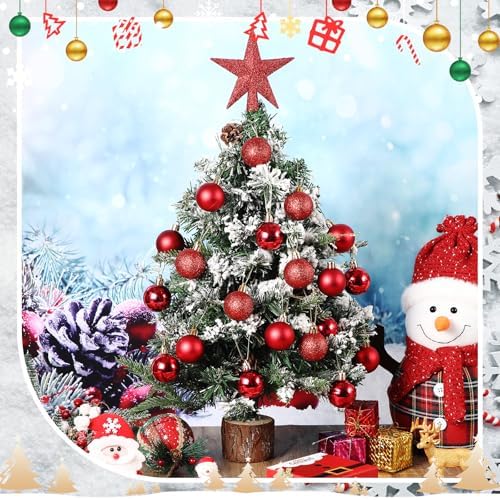 RoundFunny 25 Pcs Mini Christmas Balls Ornaments Set 1.57 Inch Christmas Day Ball Topper Star Tree Hanging Ornaments for Party Decoration(Red)