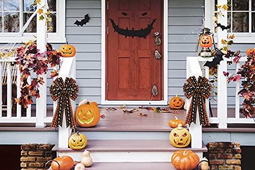 Large Black Red Buffalo Plaid Wreath Bow - Ghost Pumpkin Halloween Decoration for Indoor/Outdoor Wall/Door