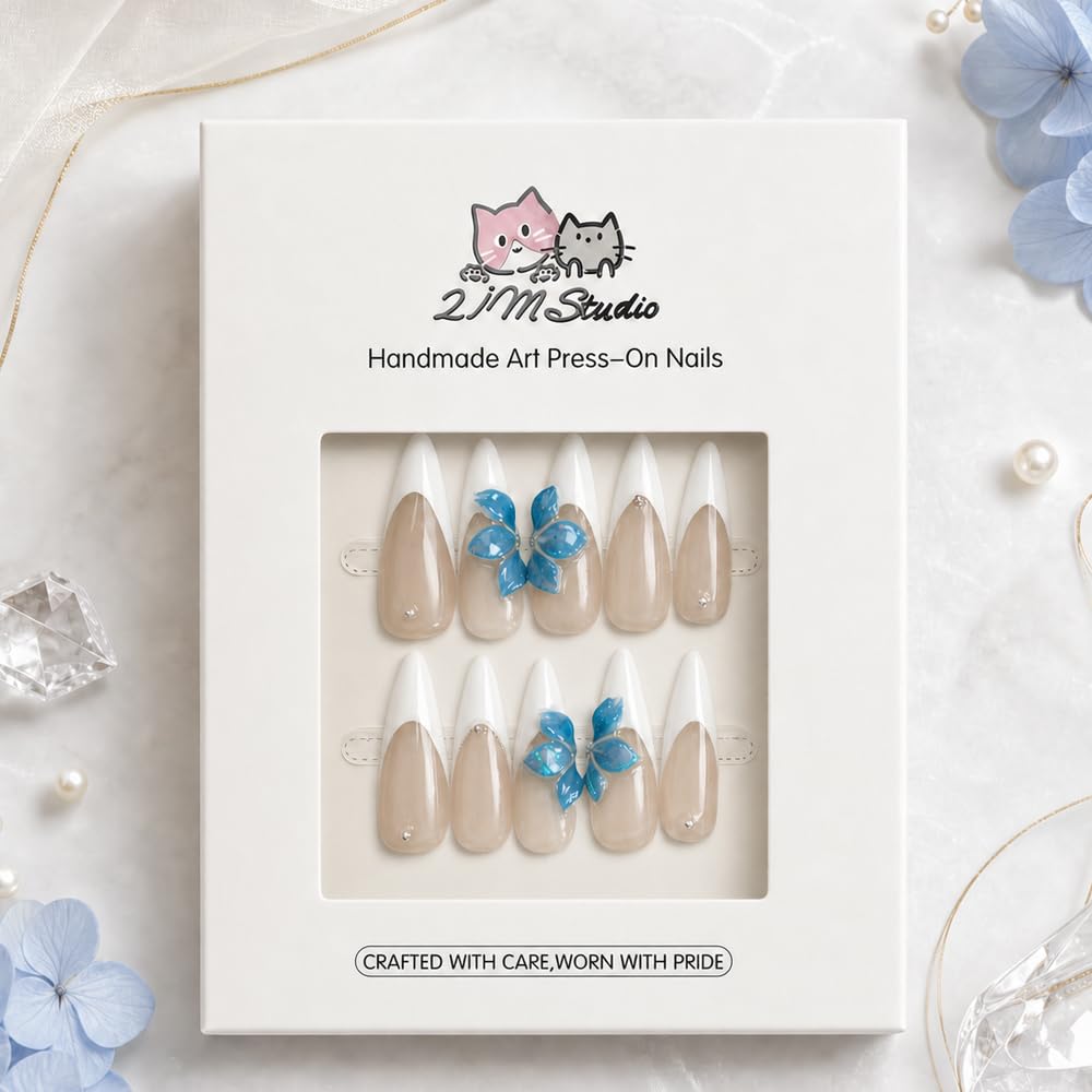 2IM Studio Handmade Press On Nails – 10 Piece Soft Gel Nail Kit with Glue & Tool Set, Reusable Artisan Nails, Salon-Quality Finish (Blue Blossom-M)