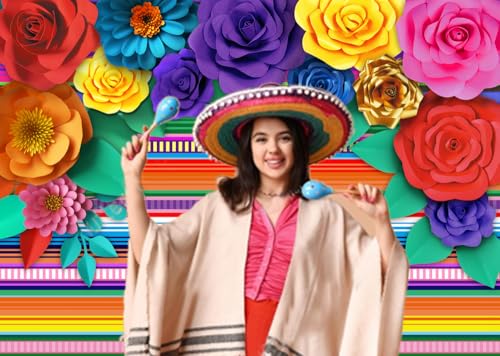 Mexican Theme Party Striped Backdrop Fiesta Cinco De Mayo Paper Flowers Background Party Decoration for Cake Table Decor Photo Booth 10X8FT 071 - size: 10′x8′