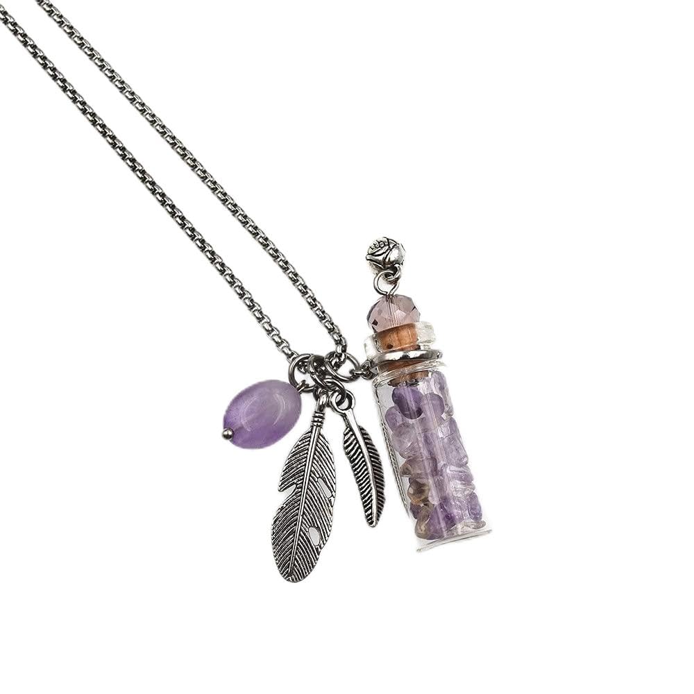 CoolDIY Aromatherapy Essential Oil Diffuser Necklace Locket Pendant Stainless Steel Perfume Necklace Crystal stone Glass vial Necklace (Light Purple)