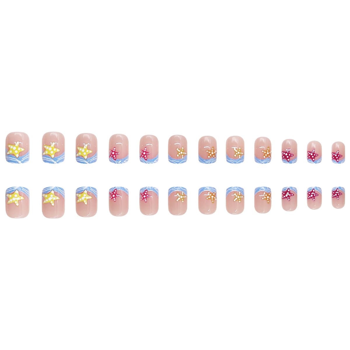 Summer Press on Nails Short Square Fake Nails Beach French Tip Nails Press ons with Starfish Design Full Cover Stick on Nails for Women Manicure,Artificial | Reusable | Easy Apply | 24Pcs