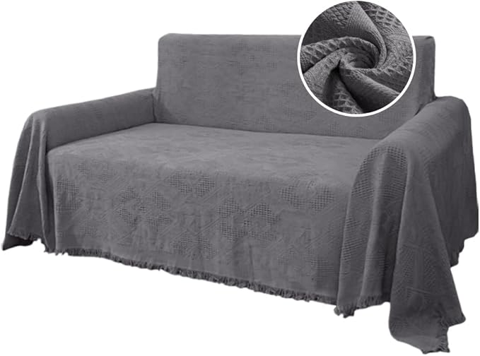 H.VERSAILTEX Cotton Sofa Covers Couch Cover Sofa Slipcover for Most Shape Sofas, Feature Thick Woven Jacquard Seamless with Tassels, Multi-Use Decorative for Couch (Large: 71" x 102", Grey)