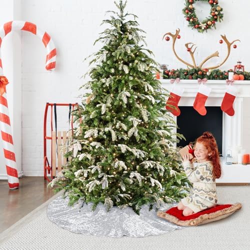 Poise3EHome Silver Christmas Tree Skirt, 36 Inch Sequin Tree Skirt