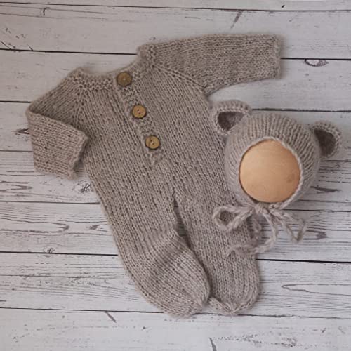 Newborn Photography Props Boys Girls Outfits Mohair Bear Hat Bonnet & Footed Romper Bodysuit Photoshoot Costume Set - color: Gray