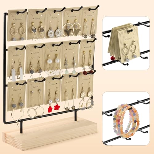 Earring Display Stands for Selling, 3 Tier 15 Hooks Wood Jewelry Organizer Rack for Earrings, Necklaces, Rings, Bracelets, Keychains - Compact for Countertop, Boutique, Trade Shows (Black)