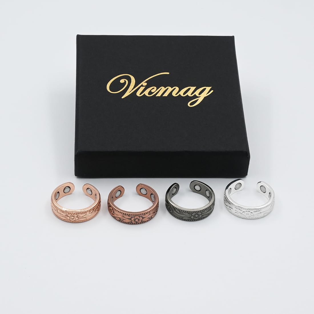 Vicmag Copper Magnetic Ring for Women, Magnetic Rings Ladies Fingers Thumb 100% Solid Pure Copper Jewelry Gift Adjustable (4PCS Flower)