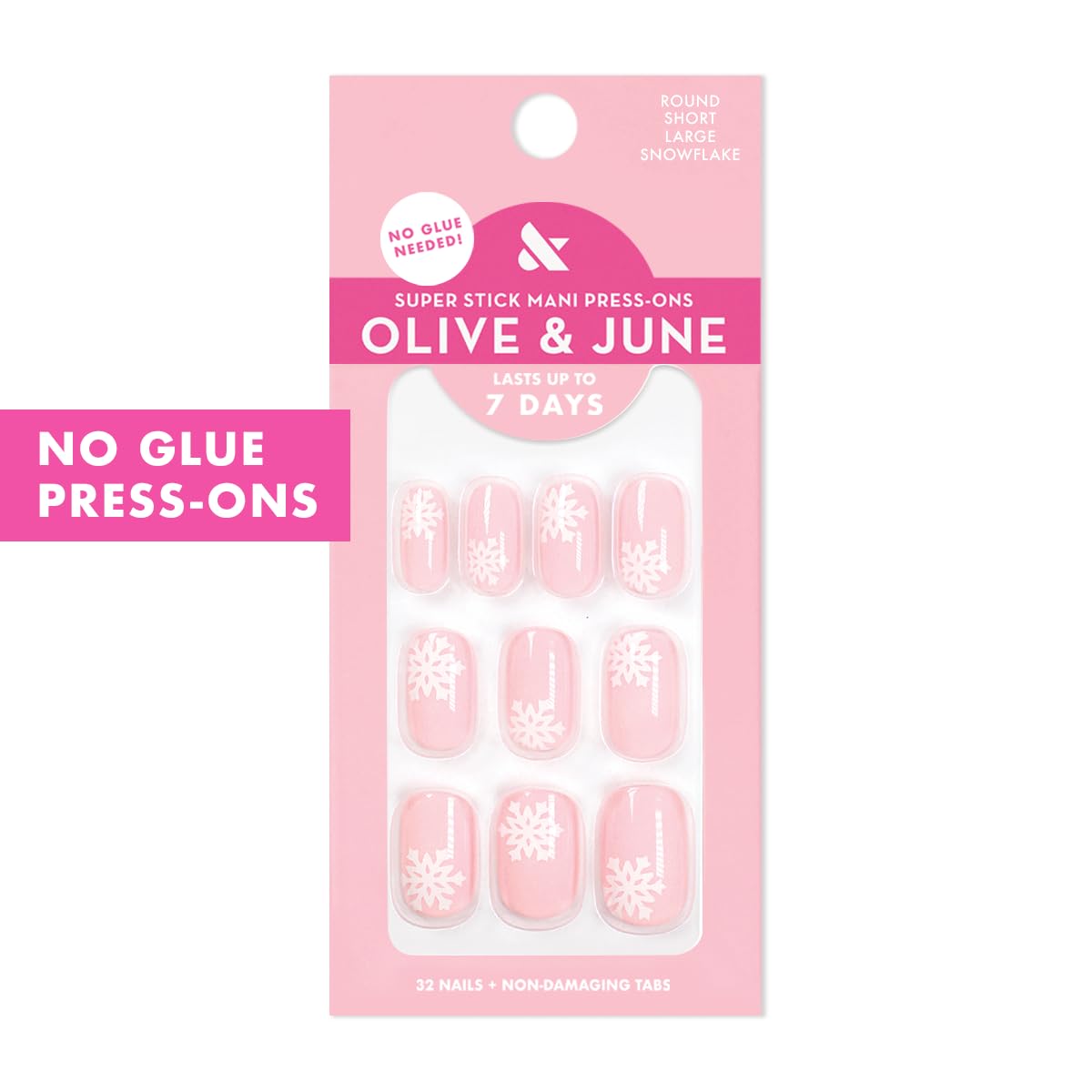 Olive & June Classic Super Stick Mani Press On Nails | No Glue Needed | 32 Tab Nails 16 Sizes | Non-Toxic Tabs Easy On-Off Non-Damaging Realist Look | 7-Day Wear | Short, Squoval | Large Snowflakes