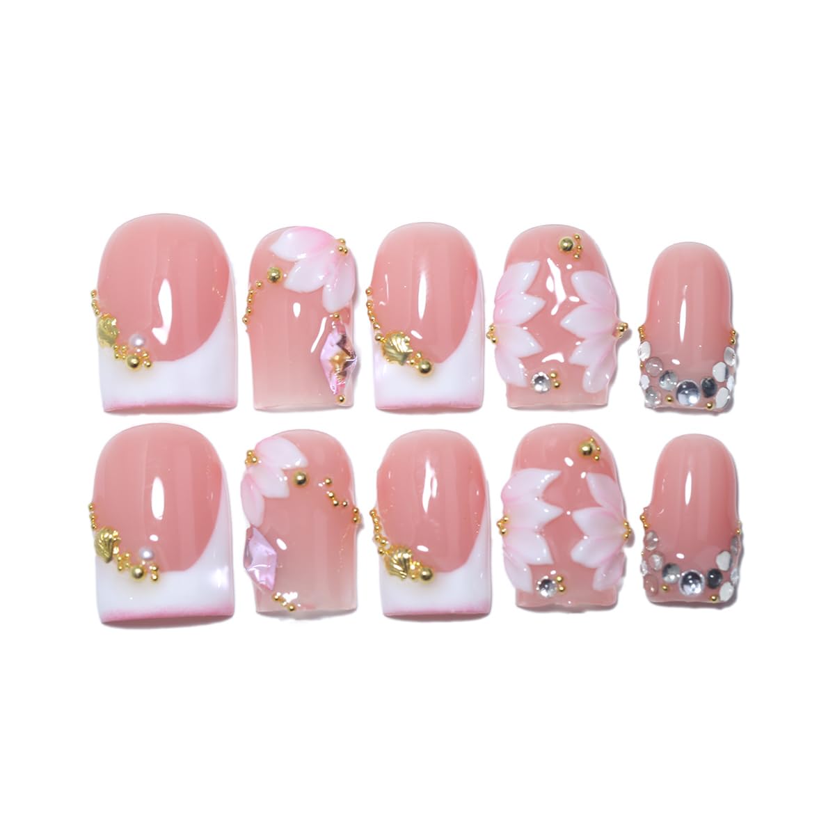 10Pcs Short Square Handmade Press On Nails | Easy Apply & Remove, Reusable Salon Quality Nails | Elegant Blush Pink Fake Nails with 3D Sakura Flower, Gold Seashell & Rhinestone Accents (O912, S)