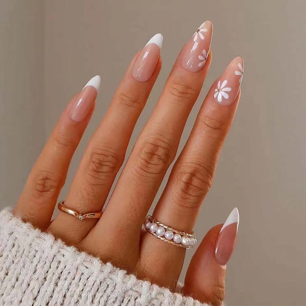 RikView French Tip Press on Nails Medium Fake Nails White Press on Nails with Flowers Design Almond Acrylic Nails