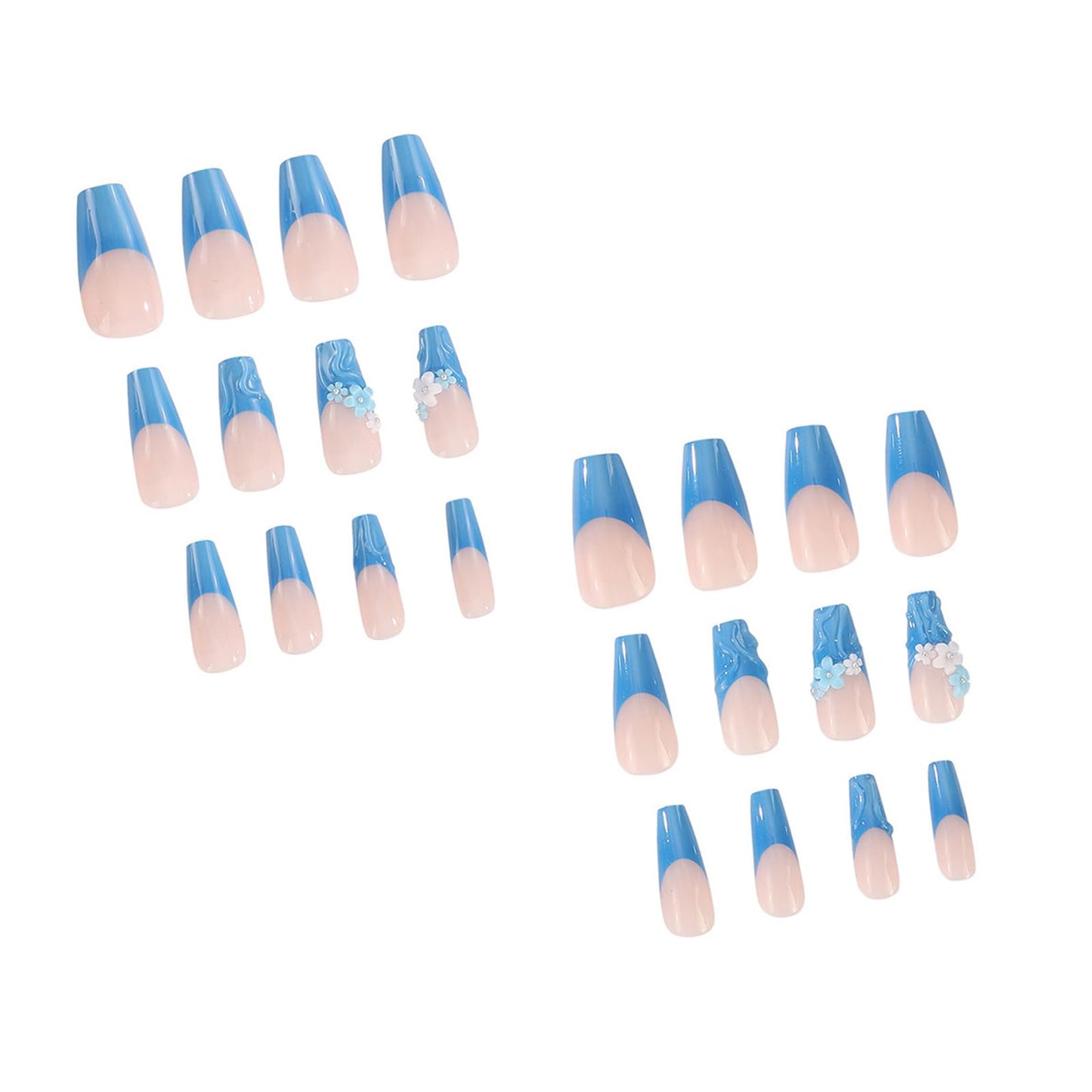 IMSOHOT Long Coffin Press on Nails - Blue Flower | Glossy French Fake Nails Tips Full Cover Gel Acrylic Glue on False Nails