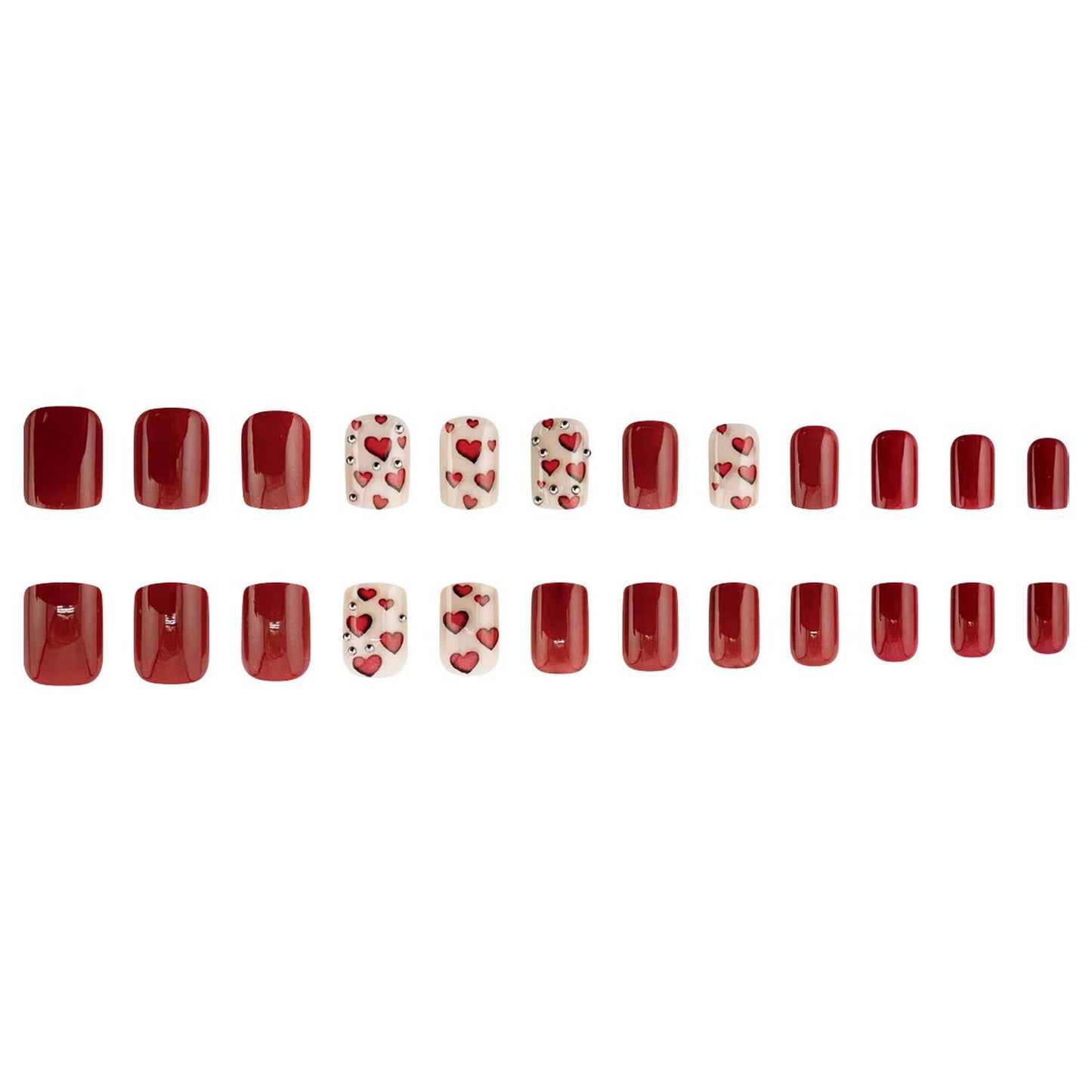 24pcs Heart Press on Nails Short Square Valentines Fake Nails Glitter Full Cover False Nails with Rhinestones Red Heart Designs Acrylic Nails Red Stick on Nails Glossy Artificial Nails for Women