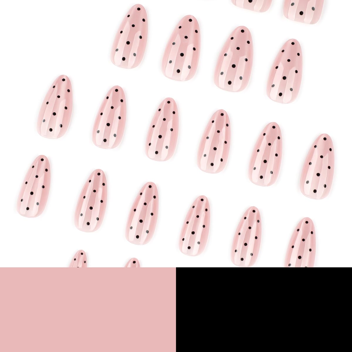 Medium Almond Press on Nails Polka Dot Fake Nails Pink Glass Nails Press ons with Black Dots Design,Reusable & Easy Apply Full Cover Glue on Nails for Women Manicure 24Pcs