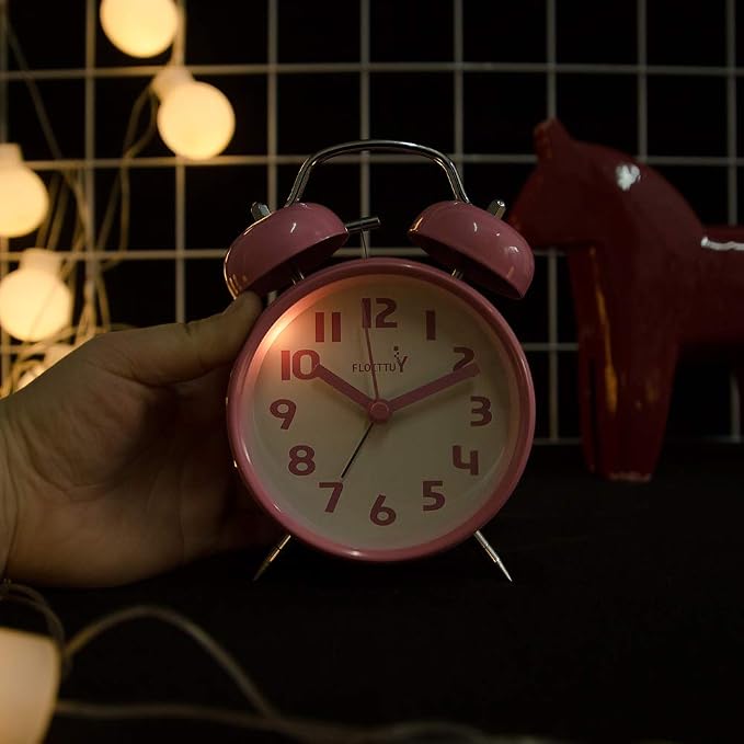 FLOITTUY {Loud Alarm for Deep Sleepers) 4'' Twin Bell Alarm Clock with Backlight for Bedroom and Home Decoration(Pink)