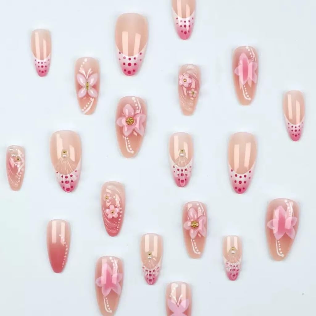 CTTHNBD Medium Press on Nails Almond - Pink Fake Nails with 3D Flower Design - Spring, Ombre False Nails Press ons - for Women 24 Pcs