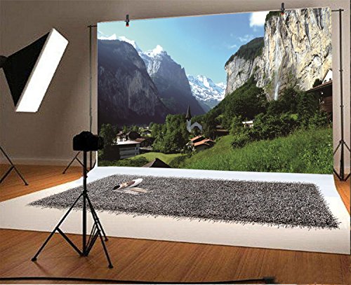 Leyiyi 10x6.5ft Natural Scenery Photography Background Switzerland Alps Backdrop Lauterbrunnen Valley North European Travel Countryside Building Forest Photo Portrait Vinyl Video Studio Prop - size: 10x6.5ft