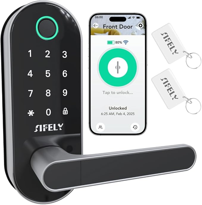 Built-in WiFi Fingerprint Smart Door Lock with Handle & Keypad – Remote Access & Auto-Lock, Keyless Entry for Home, Airbnb & Rental, 6-in-1 Unlock: Code/Card/App/Key, Compatible with Alexa & Google