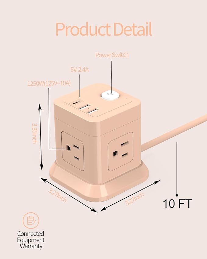 Cube Power Strip, FDTEK 4 Widely Spaced Outlet with 3 USB (1 USB C) Flat Plug Power Strips with Long Extension Cords Space Save Compact Portable for Travel Home Office Cruise - 10FT Pink