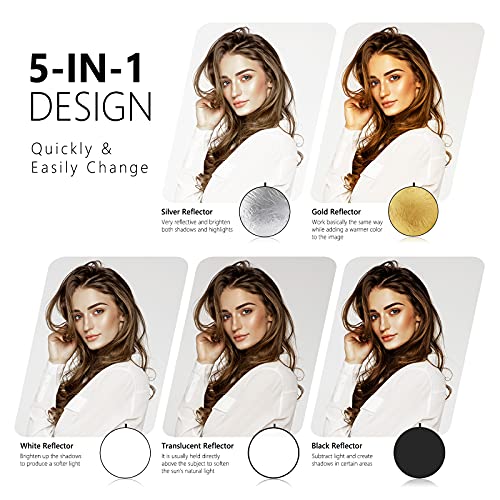 NEEWER 22 Inch/60 Centimeter Light Reflector Light Diffuser 5 in 1 Collapsible Multi Disc with Bag - Translucent, Silver, Gold, White, and Black for Studio Photography Lighting and Outdoor Lighting - size: 60cm