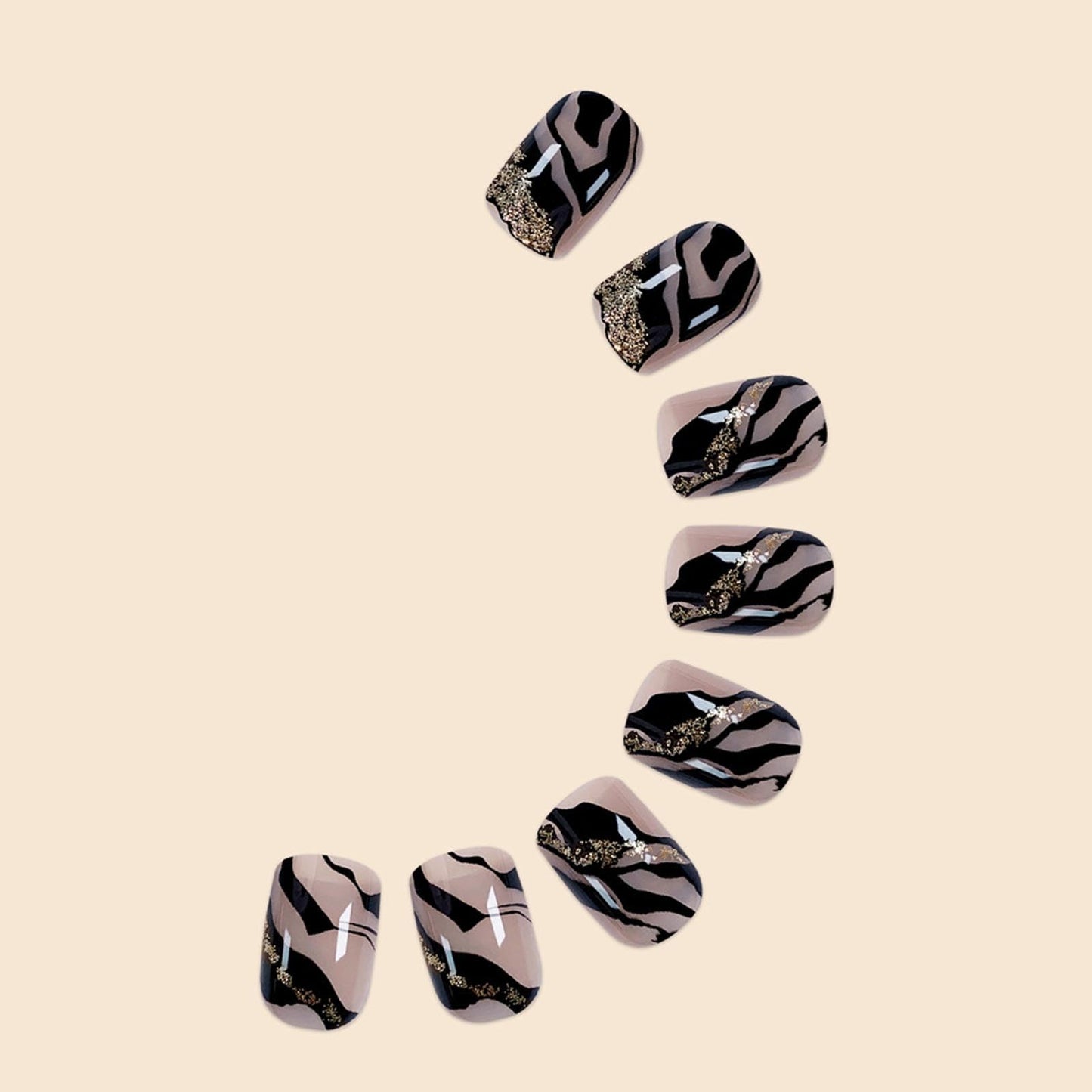 Square Press on Nails Short Fake Nails with Stripe Glitter Designs Black Nails Press ons Nude Glue on Nails Glossy Acrylic Nails Artificial Stick on Nails for Women 24Pcs