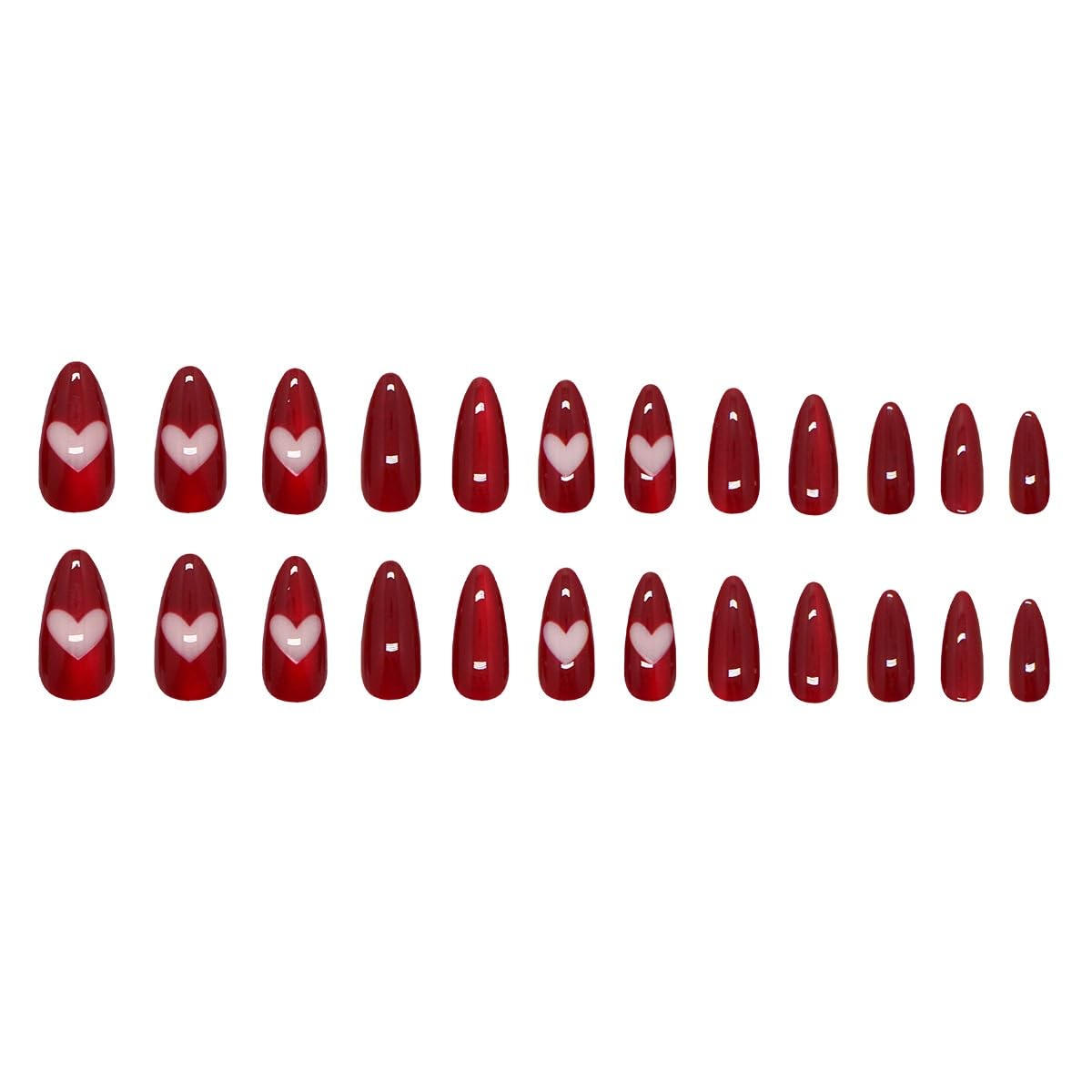 Red Press on Nails Medium Almond Reusable Fake Nails with Glue Pink Heart Stick on Nails Full Cover Glossy False Nails for Women DIY Manicure Decoration, 24PCS