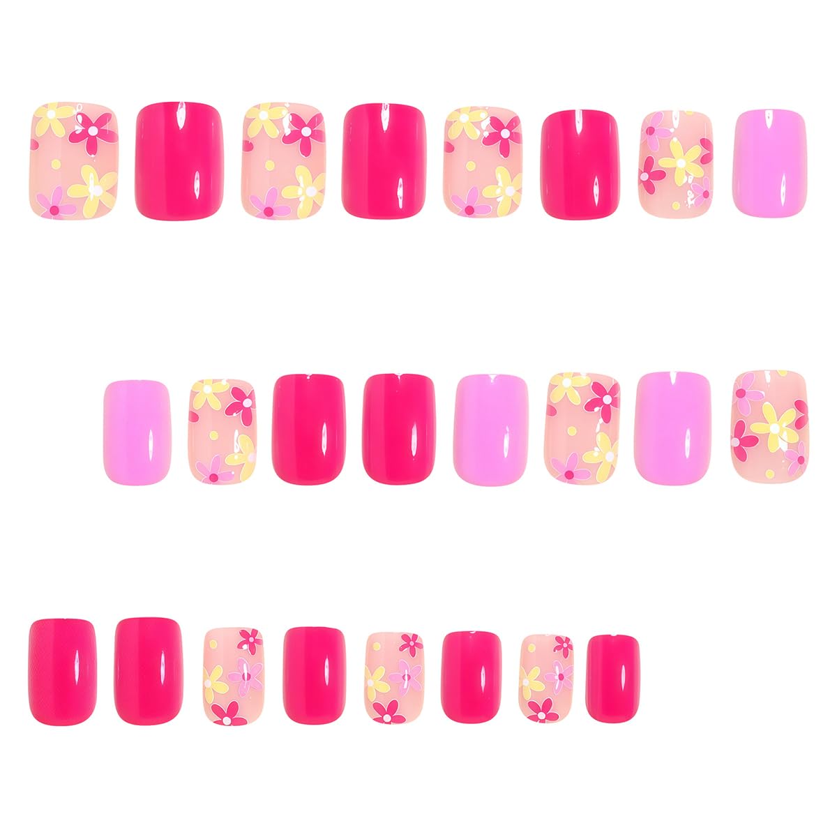 LINMEIZAI Press on Nails Short Square Spring Flower Glossy Acrylic Fake Nails Press ons Glue on False Nails for Women Reusable Cute Manicure Set Rose Red Pink Stick on Nails French Tip Kit 24Pcs