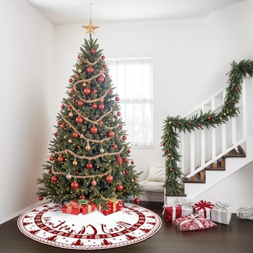 OurWarm Christmas Tree Skirt 60 Inches, Knit Red Tree Skirt for 7 ft Tree & 9ft Tree, Double Sided Knitted Tree Skirt Snowflake Xmas Tree Skirts for Winter Rustic Farmhouse Holiday Tree Decor